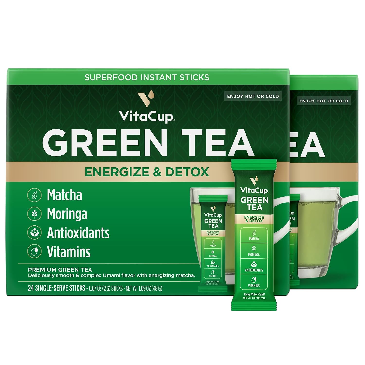 VitaCup Green Tea Instant Packets with Matcha, 16ct | B Vitamins, D3
