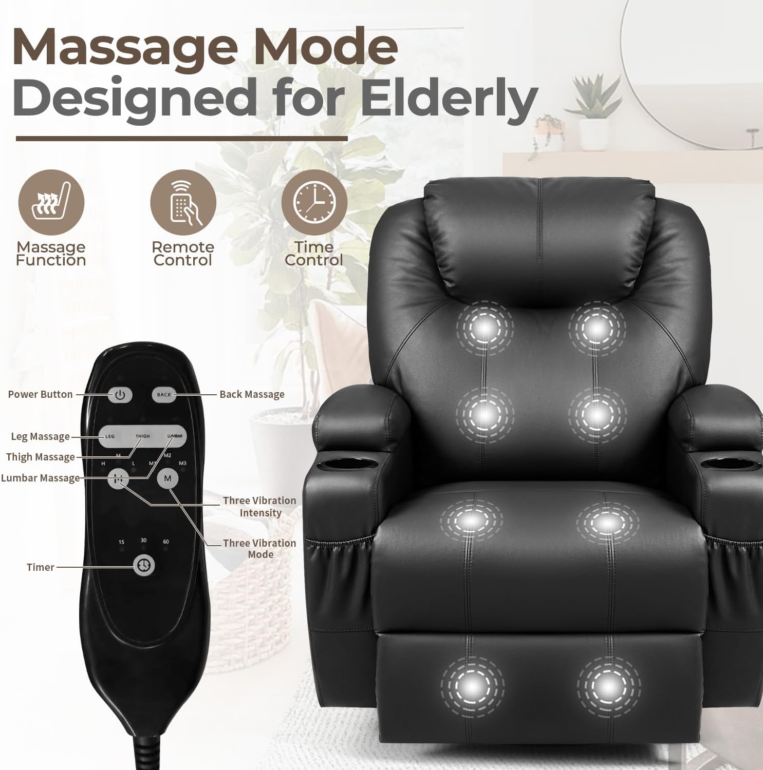 Furniwell Rocker Recliner Chair with Massage for Elderly, Leather Adjustable 360°Swivel Rocking Sofa for Living Room with Remote Control