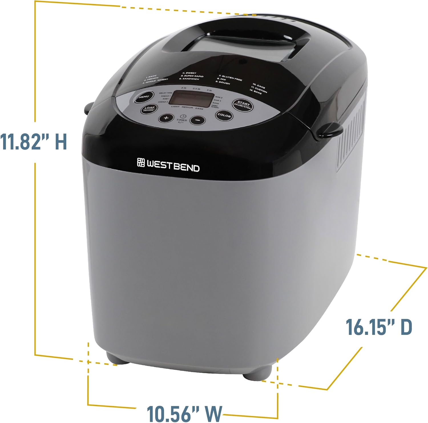 West Bend Hi-Rise Bread Maker Machine Programmable 12 Programs Including Gluten Free & 3 Loaf Sizes and Crust Colors with Traditionally-Shaped