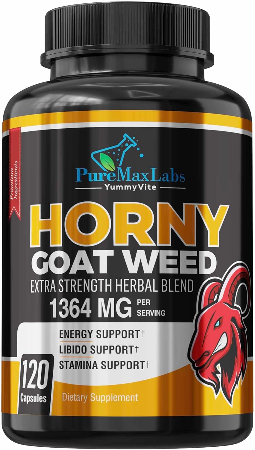 YUMMYVITE Horny Goat Weed Extra Strength Blend, w. Maca, Arginine, Ginseng, Tribulus, Tongkat, Libido, Stamina, Energy Support, Non-GMO Formula