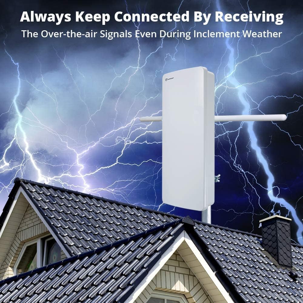 ANTOP HDTV ＆ FM Amplified Antenna 85 Miles AT-800SBS with Dual Outputs Smart Boost System, Support TV and Second Device-FM Stereo