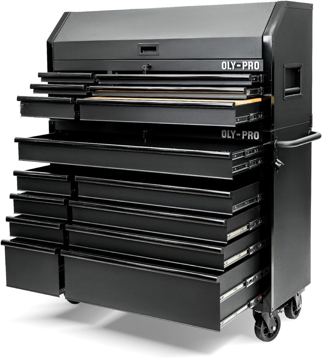 Olympia Tools 72 inch Heavy Duty Mobile Tool Chest Tool Box, with Solid Wood Top Workbench, 15-Drawer Rolling Tool Chest, Tool Storage Organizer for Garage, Workshop, and Home, Black