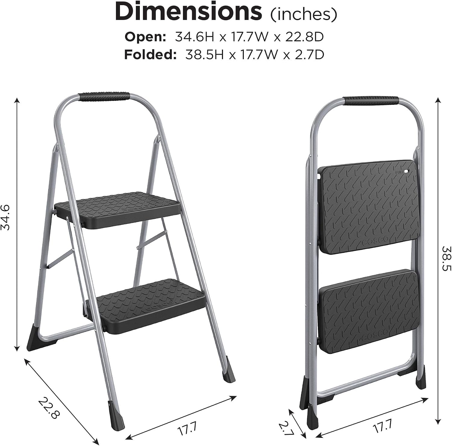 Cosco 11408PBL1E Three Step Big Step Folding Step Stool with Rubber Hand Grip, Grey