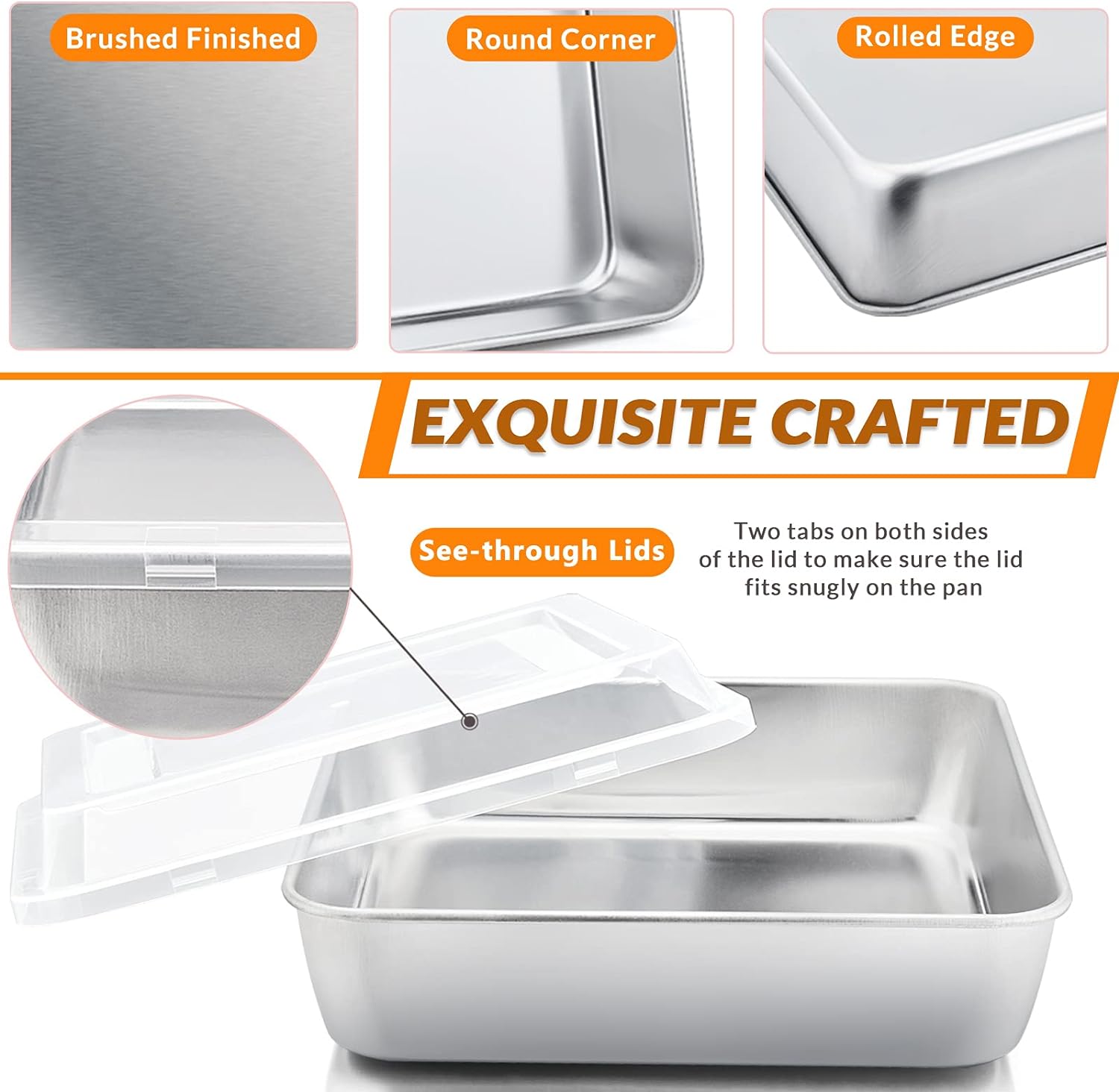 E-far 8 x 8-Inch Baking Pan with lid, Square Cake Brownie Baking Pans Stainless Steel Bakeware Set of 2, Non-toxic & Healthy