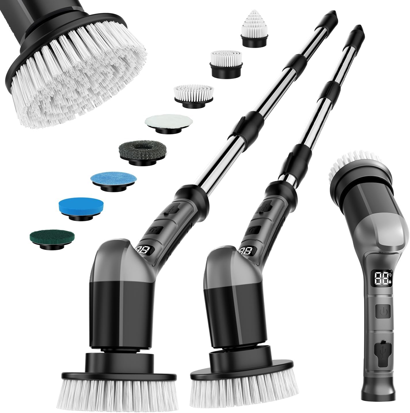 Electric Spin Scrubber with 3 Speed, Adjustable Extension Handle, 8 Brush Heads,Cordless Power Cleaning Brush for Bathroom, Tile, Kitchen-Grey