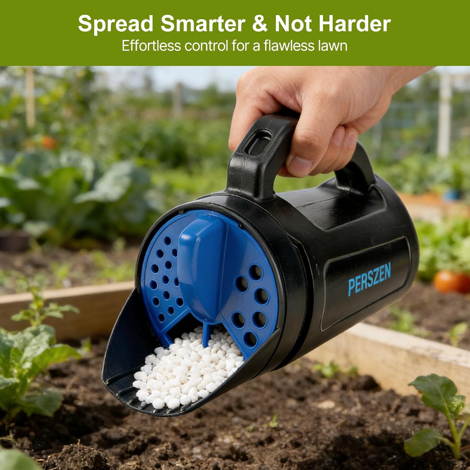 PERSZEN Handheld Spreader for Fertilizer, Grass Seed and Ice Melt, Multi-Use Seed Spreaders for Lawns with Adjustable Openings