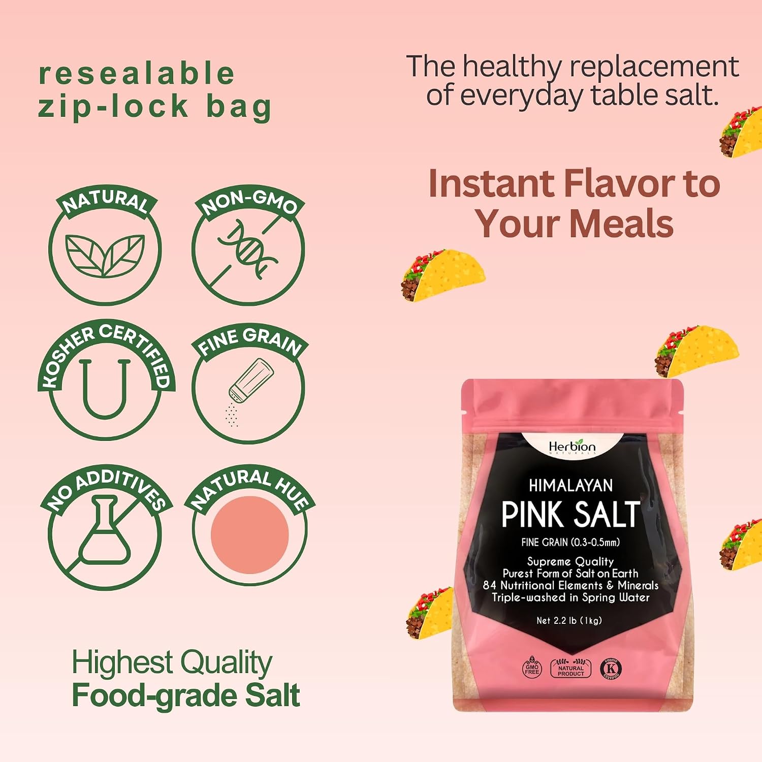 HERBION Naturals Himalayan Pink Salt Jar Fine Grain, GMO Free, Supreme Quality Chemical Free, Vegan, Kosher Certified, Fine Grain All Natural Salt
