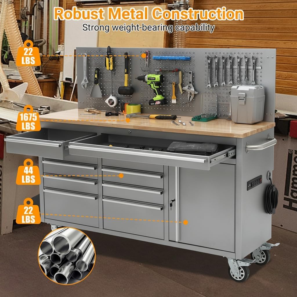 61-Inch Rolling Tool Chest with 10 Drawers & Power Strip, Solid Rubber Wood Top, 1675 LBS Load Heavy Duty Mobile Workstation, Locking System and Drawer Liners for Garage Warehouse Shop, Black