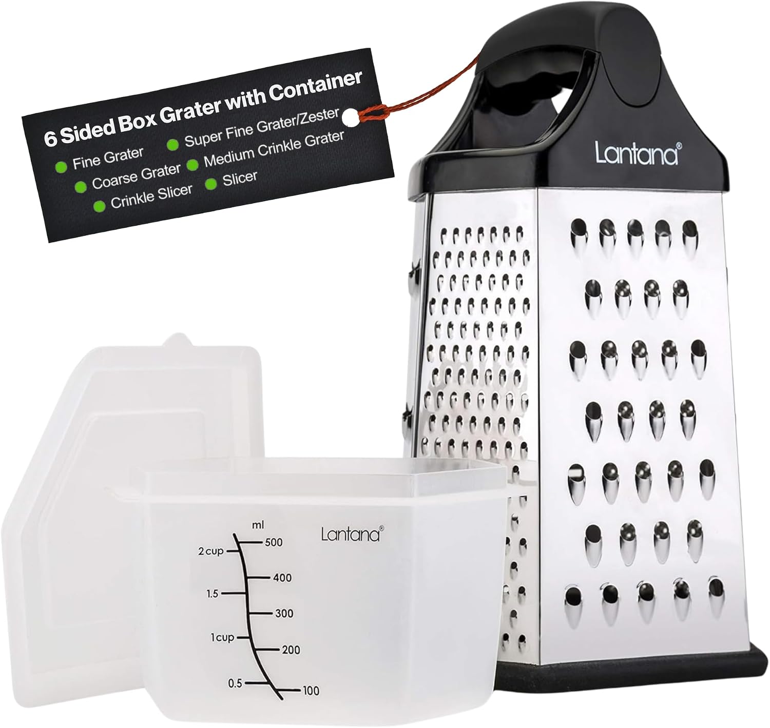 Cheese Grater with Container, Handheld Shredder, Zester (6 in 1) | 6 grating functions, coarse, medium, fine, micro, slicer blades, non-slip base