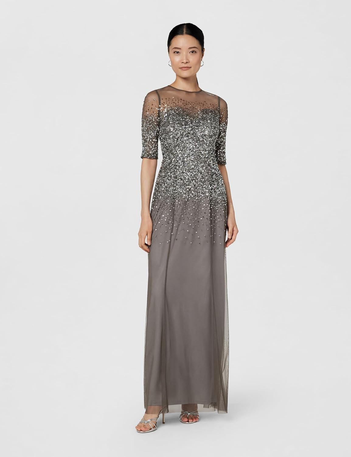 Adrianna Papell Women's Beaded Illusion Dress | Long Sequin Evening Dress with Fitted Bodice & Tulle Skirt Overlay