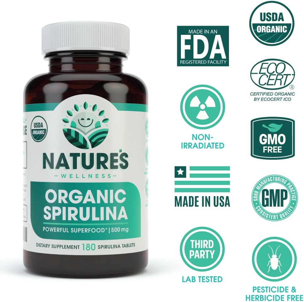 USDA Organic Spirulina Tablets - Non-GMO Green Superfood Supplement: 3000mg of Fresh Blue Green Algae, Vegan, Gluten Free, Sustainably Grown