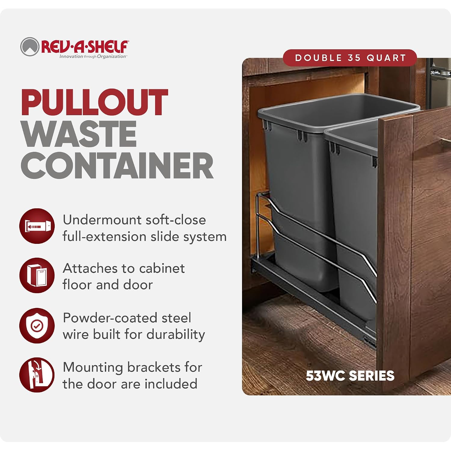 Rev-A-Shelf Double Pullout Trash Can w/Soft-Close Slides, 14.5" Min Opening | Large Capacity Garbage/ Recycling Waste Bins for Under Kitchen Cabinets, Heavy Gauge Wire Construction, 53WC-1835SCDM-217
