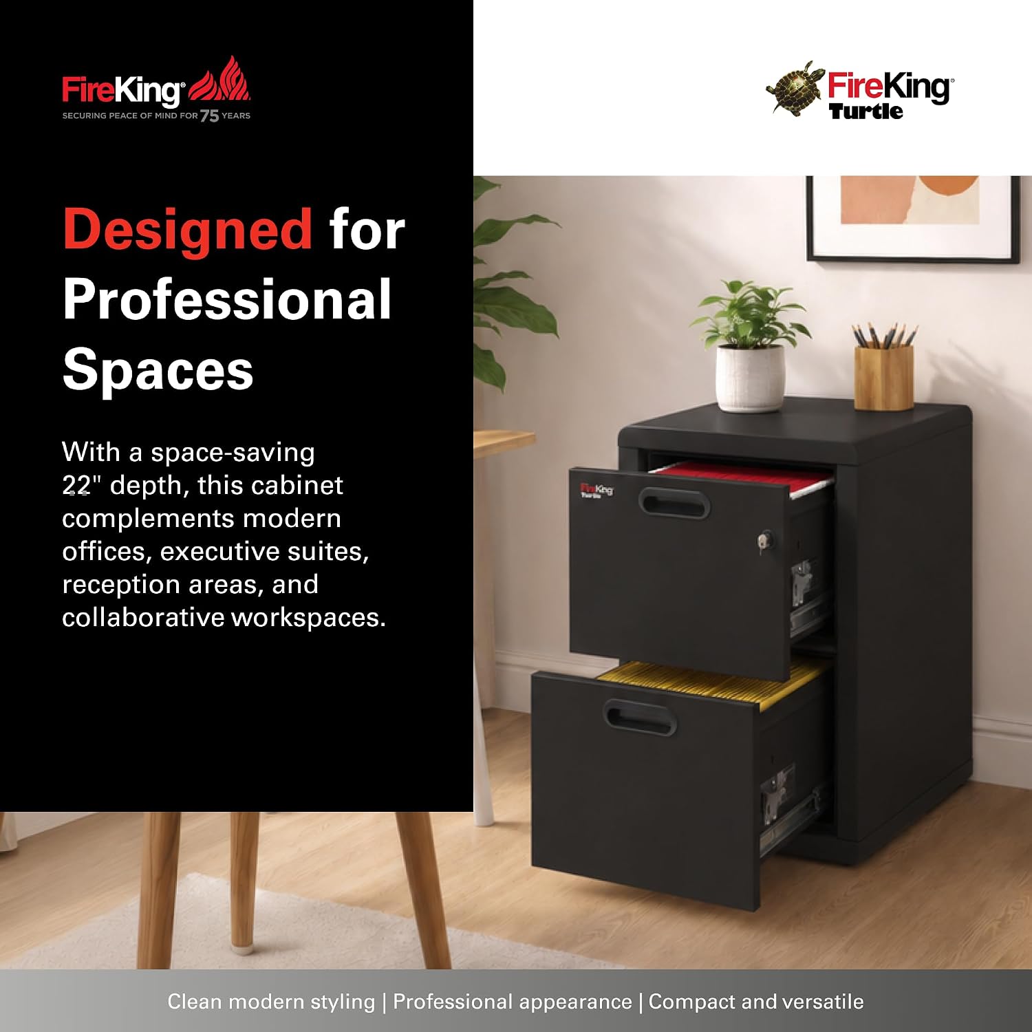 FireKing Turtle Vertical 2 Drawer Fire Rated File Cabinet, Black | 1 Hour Fire Rated Filing Cabinet - UL Class 350 - Water Resistant - Key Lock - Made in USA