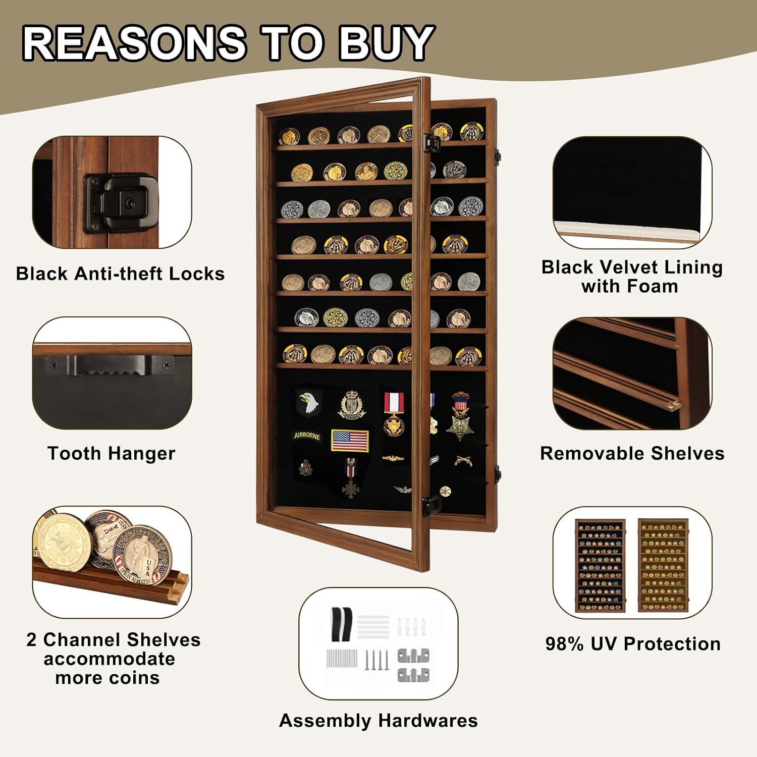 Jinchuan Military Challenge Coin Display Case Lockable Cabinet Rack Holder Shadow Box with Removable 2 Grooves Shelves and Anti Dust Door for Casino