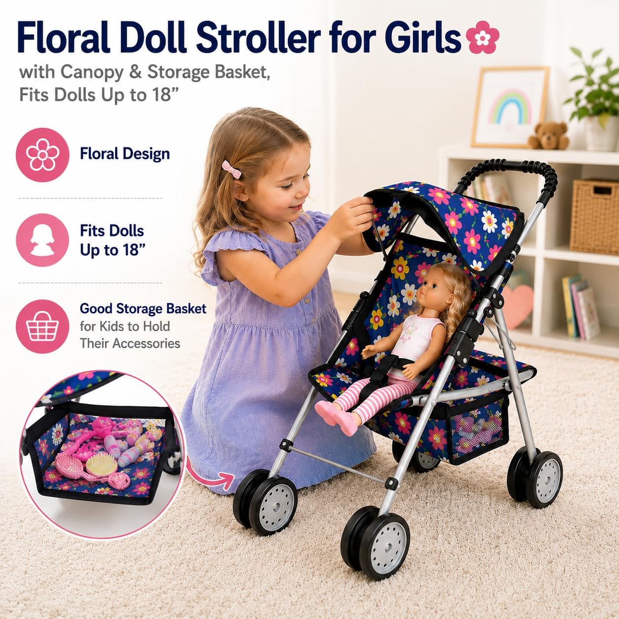 fash n kolor, My First Baby Doll Stroller with Flower Design with Basket in The Bottom- 2 Free Magic Bottles Included