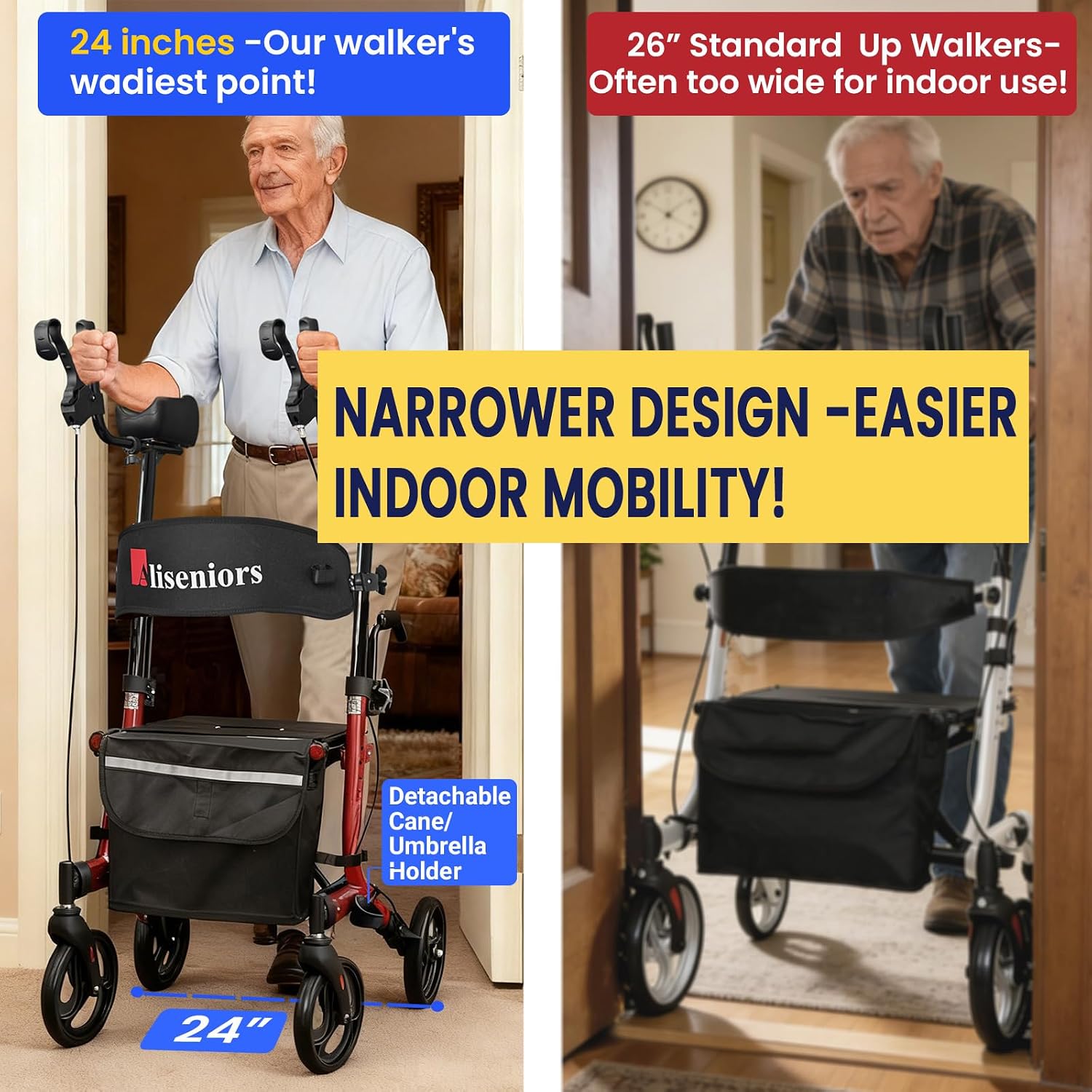 Aliseniors Upright Walker for Seniors - Big Stand Up Walker with Wide Seat, Foldable 4 Wheel All-Terrain Rolling Walker, Adjustable Armrests, 300lbs, Improves Posture & Reduces Back Strain | 20.6" Wide Seat, Foldable Rollator, 8" All-Terrain Wheels, Adju…