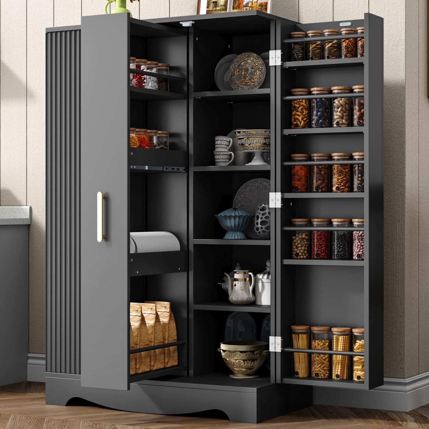 kepptory 47” Pantry Cabinet, Kitchen Pantry Storage Cabinet with Doors and Adjustable Shelves,Freestanding Buffet Cupboards Sideboard for Living Room and Dinning Room (White)