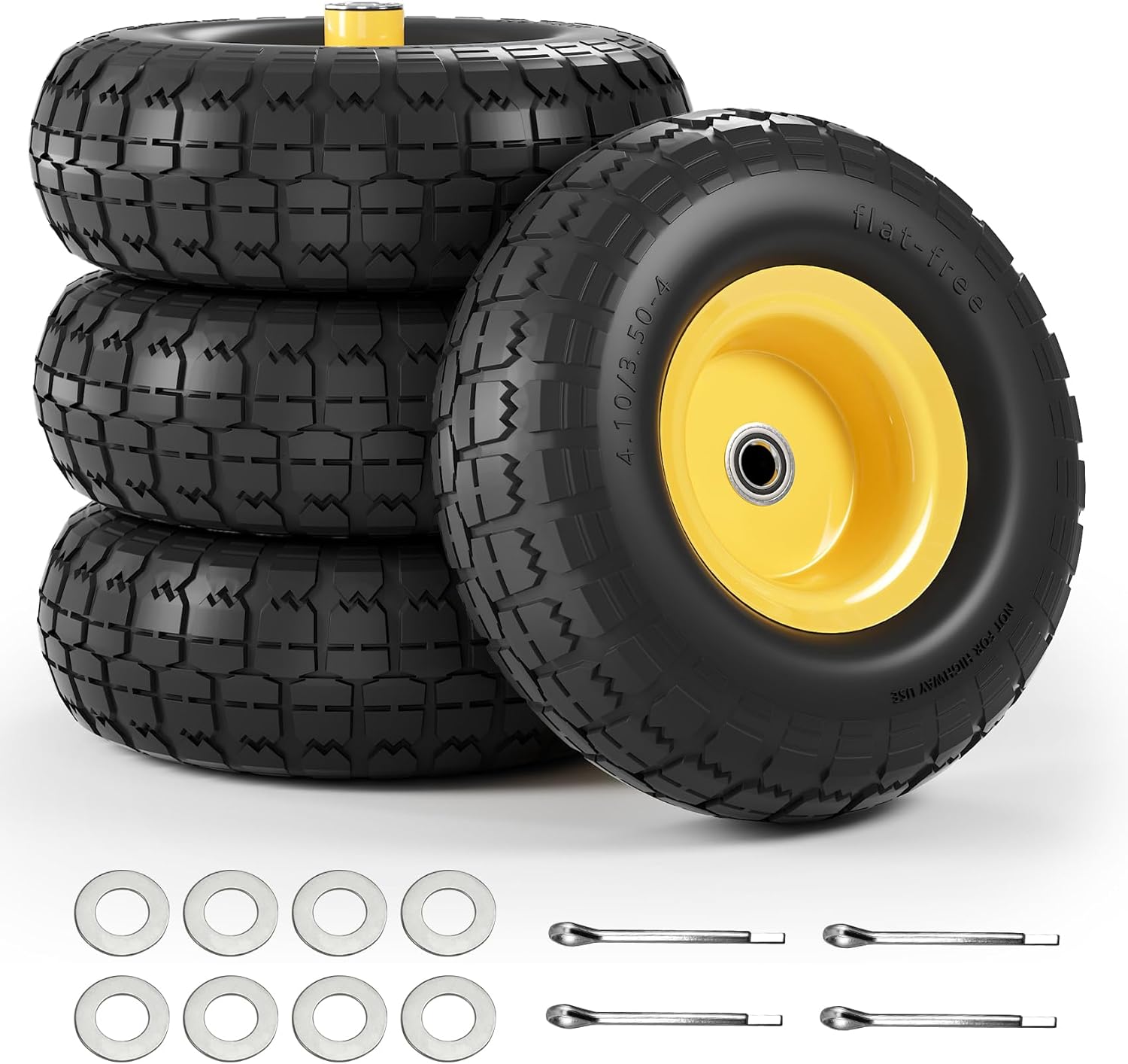 【UPGRADED】4.10/3.50-4 Tire and Wheel Flat Free, 10 Inch Solid Rubber Tire with 5/8”Axle Bore Hole and Double Sealed Bearings