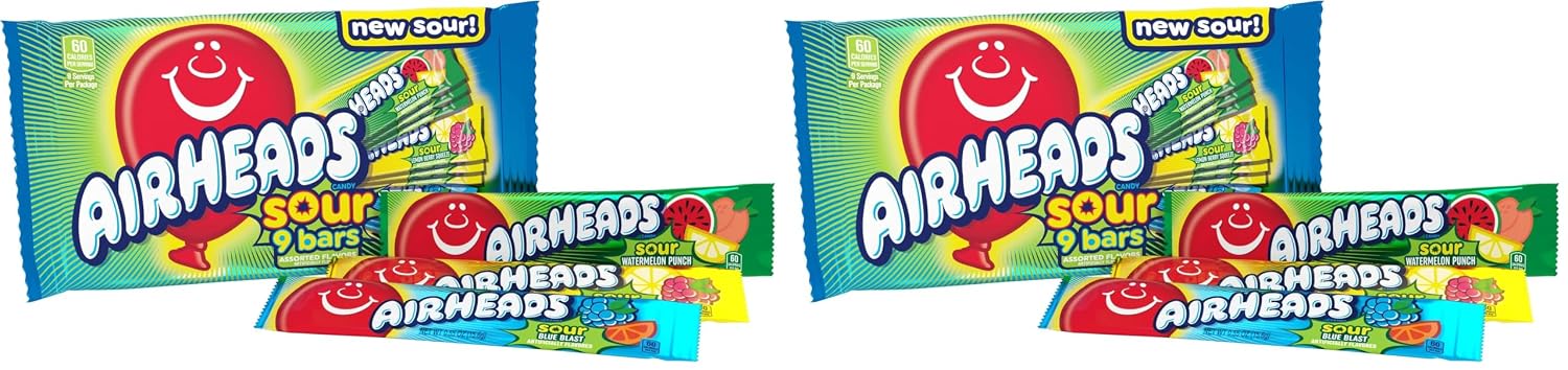 Airheads Full-Size Candy Bars, Assorted Taffy Variety Pack, 60 Count Box | Individually Wrapped Bulk Candy, Six Assorted Fruit Flavors, Artificially Flavored