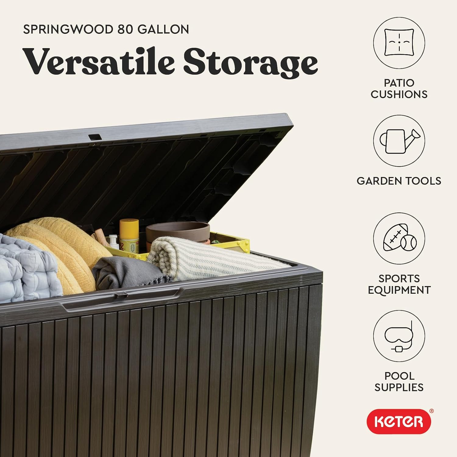 Keter Springwood 80 Gallon Resin Outdoor Storage Box for Patio Furniture Cushions, Pool Toys, and Garden Tools with Handles, Brown