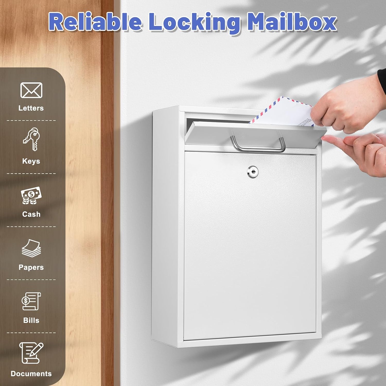 KYODOLED Steel Key Lock Mail Boxes Outdoor, Locking Wall Mount Mailbox, Security Lock Drop Box, Collection Boxes for Home, Office or Commercial,16.2H x 11.2L x 4.6W Inches, Black X Large