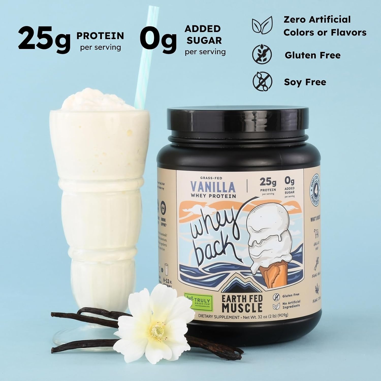 Earth Fed Muscle Whey Back Vanilla Irish Grass Fed Whey Protein Isolate | 25g protein per scoop, Third-Party Certified. Smooth vanilla, zero artificial sweeteners. Cold-processed in Ireland.