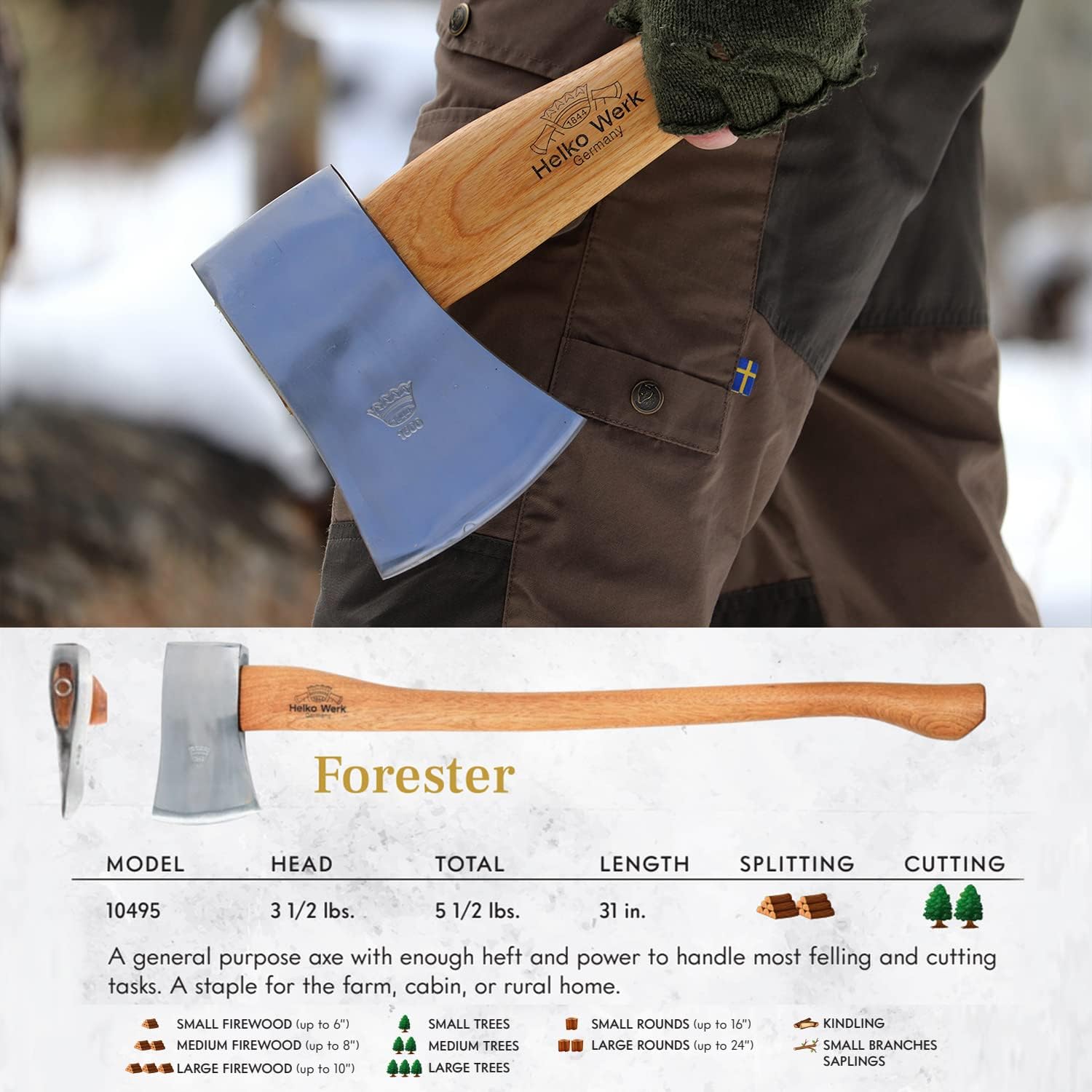 1844 Helko Werk Germany Classic Expedition Felling Axe (10497) | Made in Germany Large Felling Axe for Heavy Duty Felling Trees Cutting Wood and Timber Head 4.5lb, Handle 35 inches