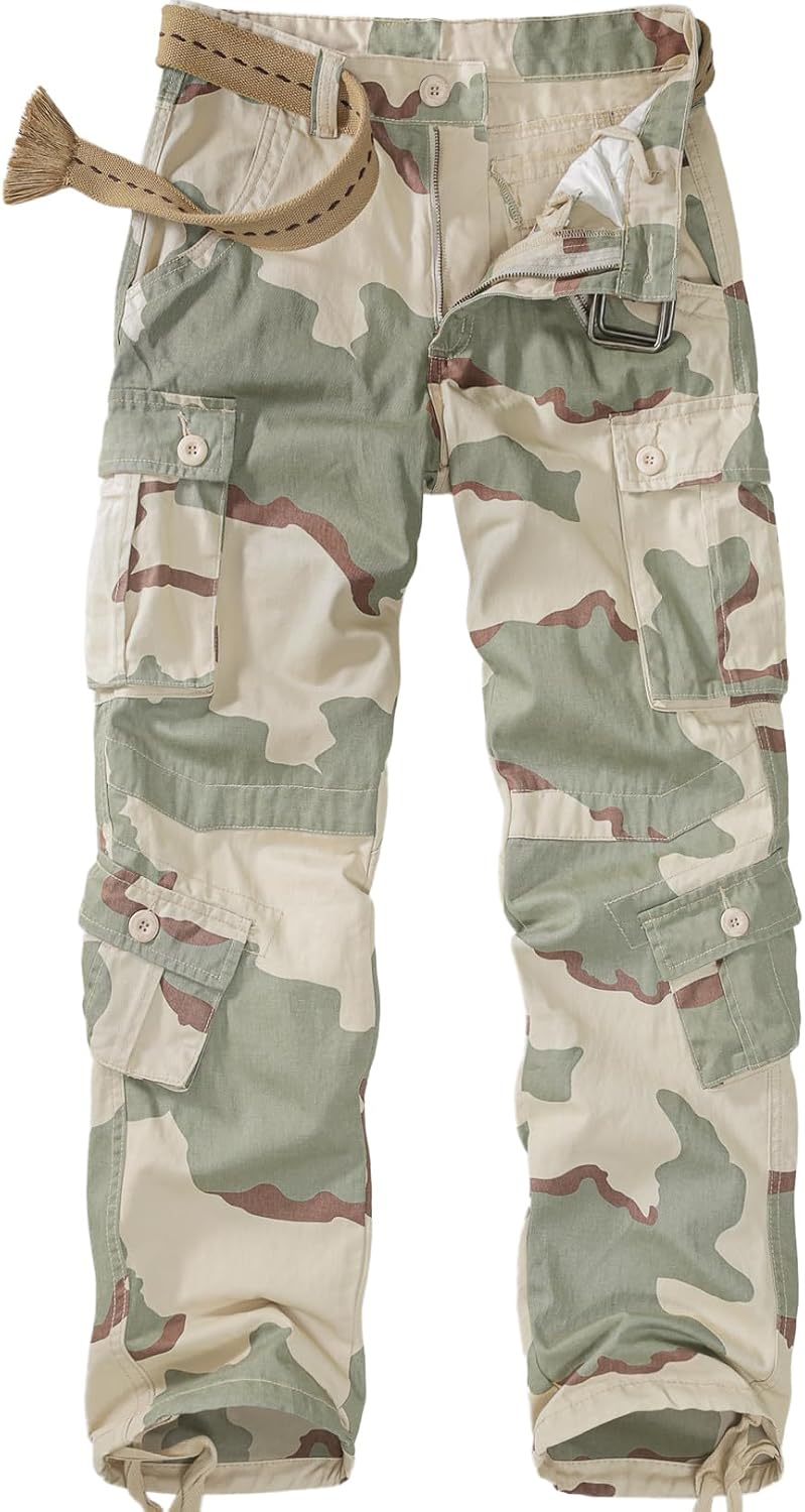 Mens Cargo Pants Camo Work Tactical Rip Stop BDU Casual Army Military Pants | 100% Cotton,Wear Resistant,Breathable,Sweat-absorbent,Men's Wild Cargo Pants with 8 Pockets,Relaxed Loose Fit Hiking Pants