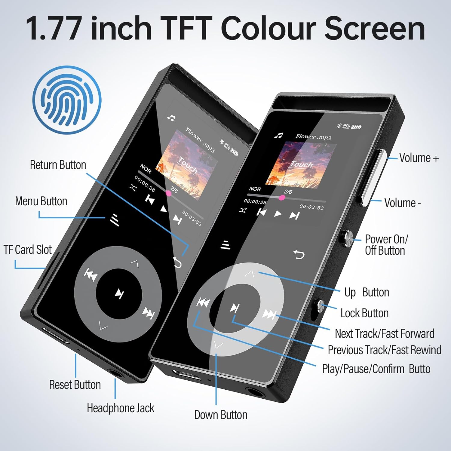 90GB MP3 Player Bluetooth 5.3, HiFi Sound Music Player with Touch Buttons | MP3 Players with Built-in Color Screen, E-Books, Earphones Included