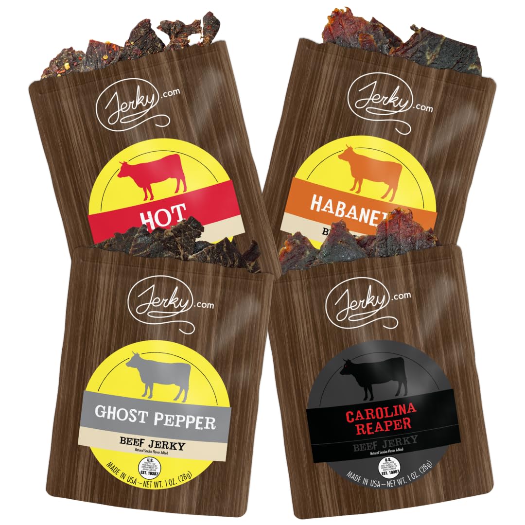 Jerky.com Hot Jerky Combo - Featuring Habanero, Classic Hot, Carolina Reaper, Ghost Pepper - Perfect for Heat Seekers and Flavor Enthusiasts - Beef Jerky Gift for Men (4 Flavors - 2.5 oz. bags)