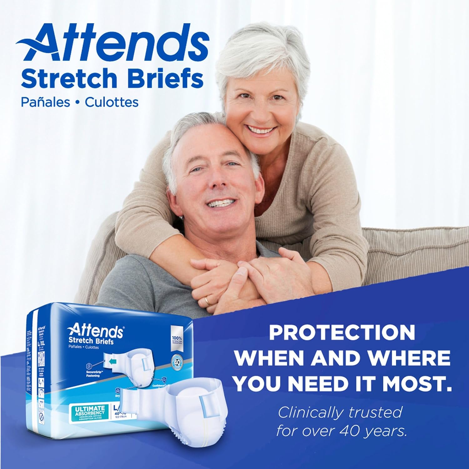 Attends Stretch Adult Incontinence Disposable Briefs, Large/X-Large, 40"-70" Waist with SecureGrip Tab Closure, Ultimate Absorbency with Dry-Lock Containment Core and Breathable Side Panels, 96ct Case