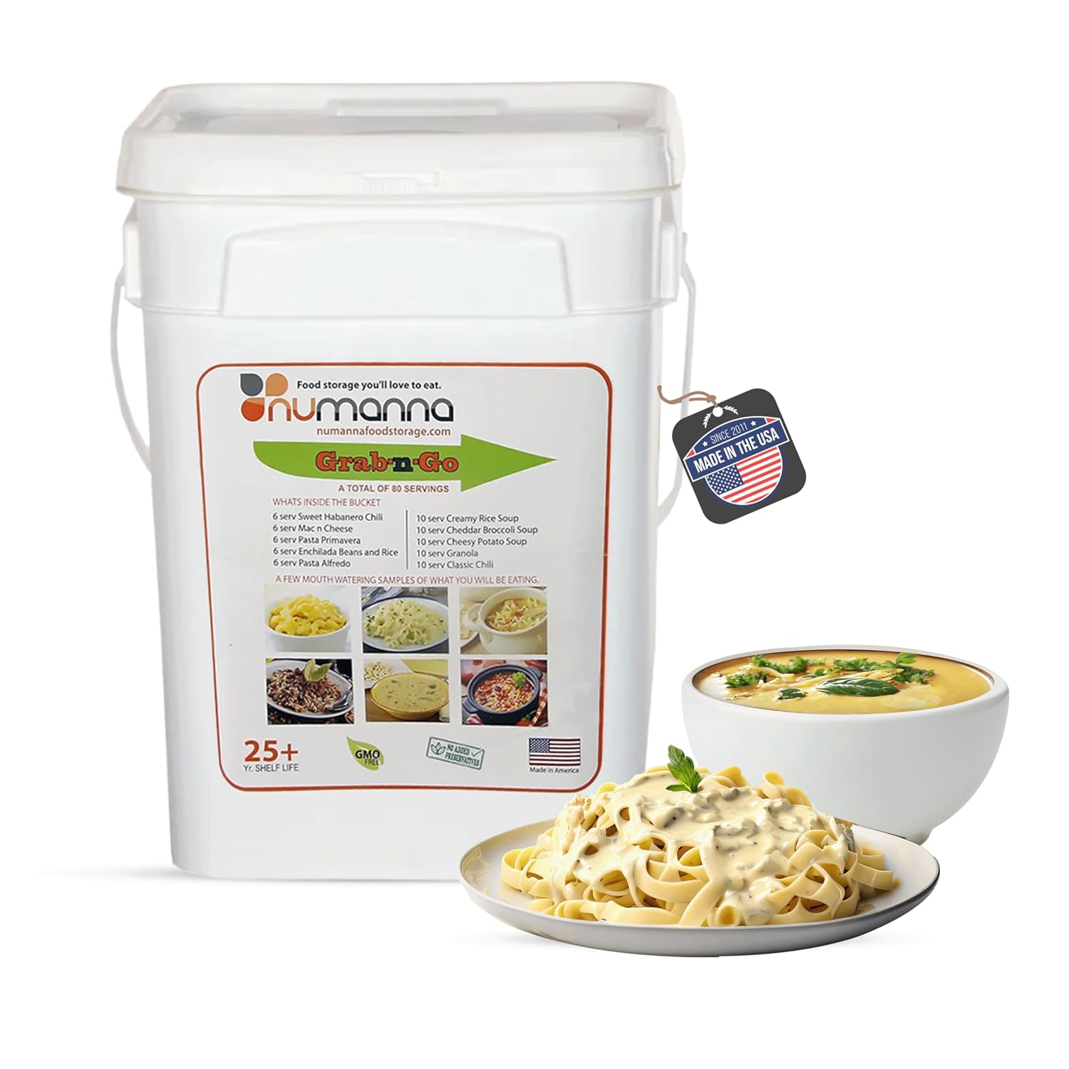 Numanna Grab-n-Go Bucket 80 Servings, 12 lbs | Freeze-Dried Premade Meals | 25+ Year Shelf Life | Non-Perishable, Ready-to-Eat Breakfast & Dinner Everyday Meals | Emergency & Survival Food Kit | Made in USA