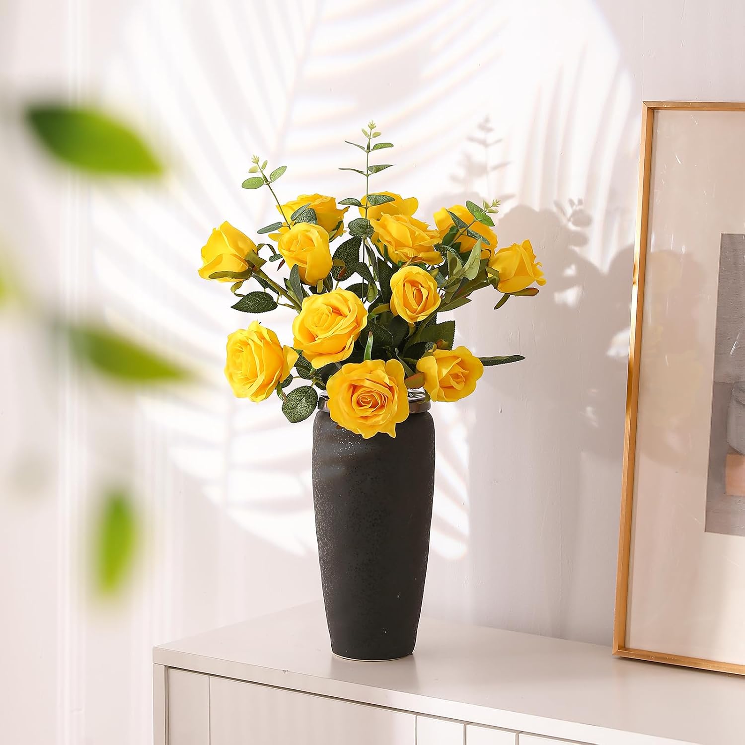 Hawesome 12PCS Artificial Silk Flowers Realistic Roses Bouquet Long Stem for Home Wedding Decoration Party (Yellow, 6 Flowers 6 Buds)
