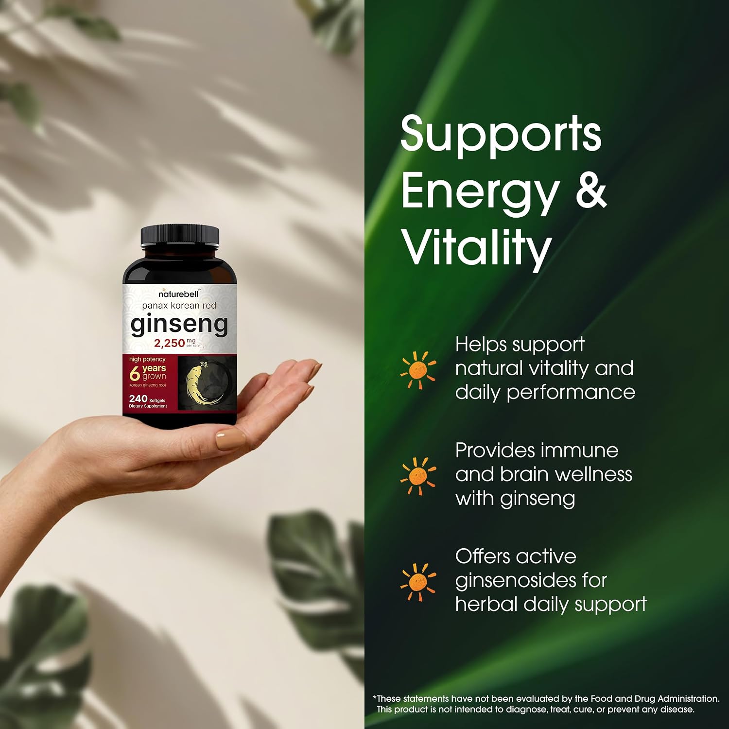 NatureBell Panax Korean Red Ginseng 2,250mg, 240 Softgels