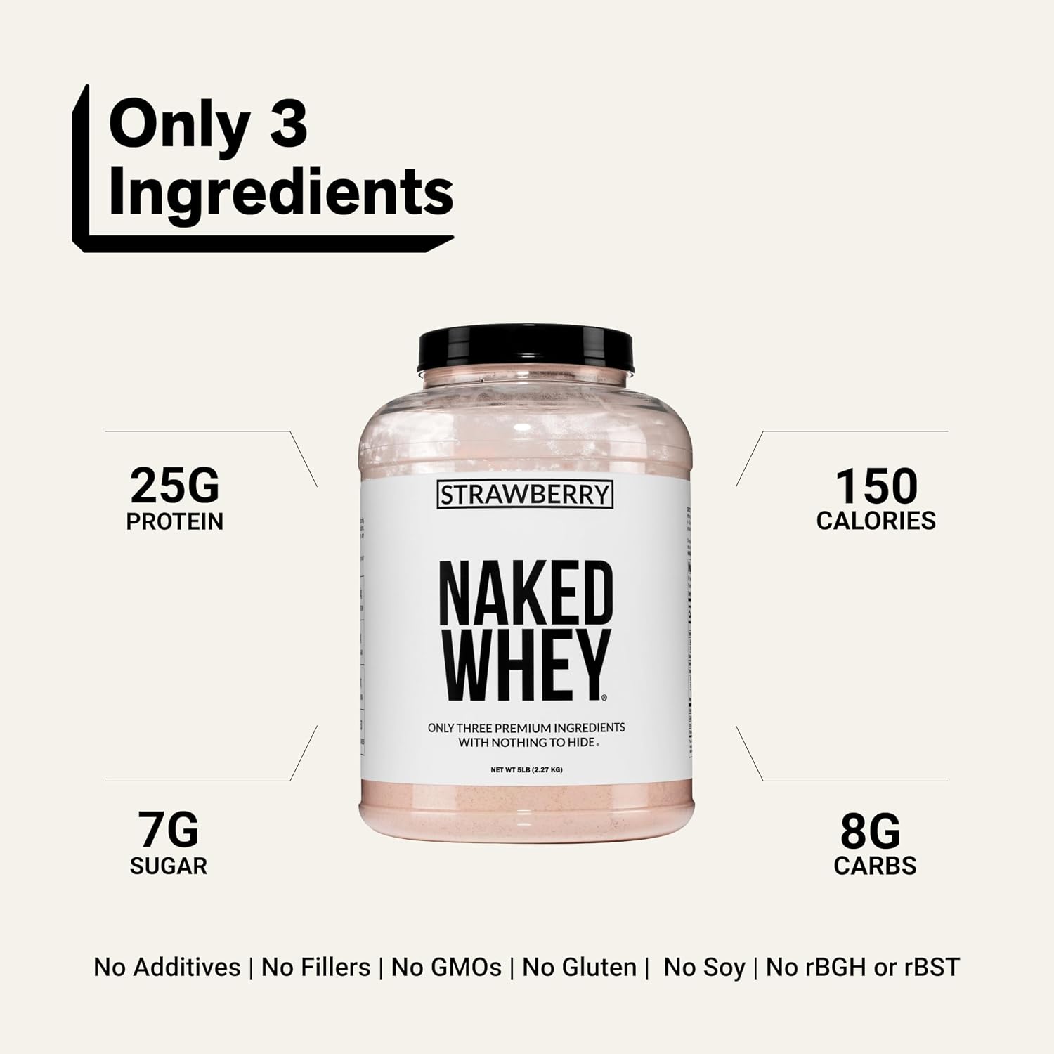 NAKED Whey 5LB 100% Grass Fed Unflavored Whey Protein Powder - Only 1 Ingredient, NSF Certified, Undenatured, Gluten Free, Soy Free, Promote Muscle Growth and Recovery - 76 Servings