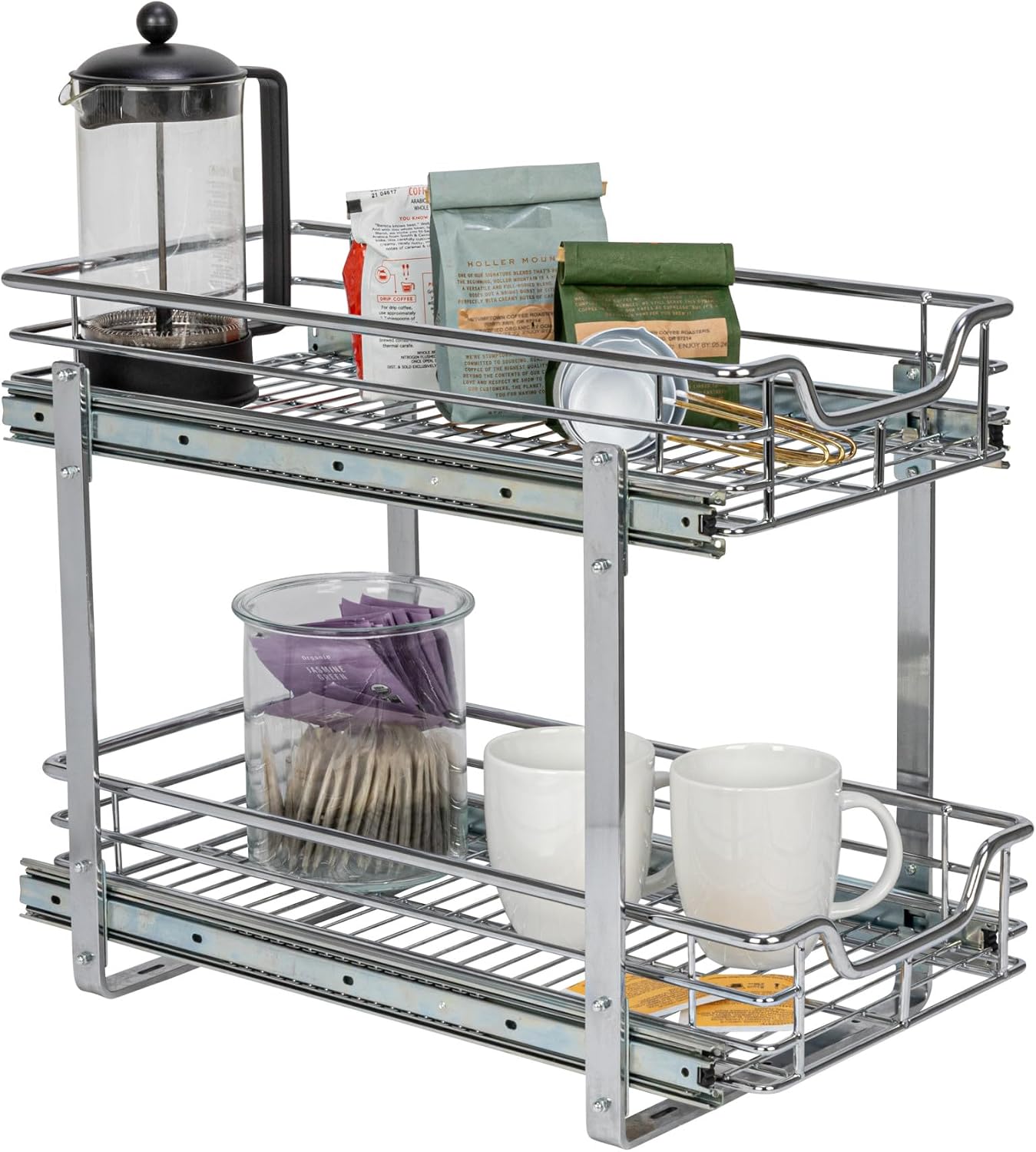 Household Essentials Glidez 2‑Tier Multipurpose Chrome‑Plated Steel Pull‑Out/Slide‑Out Under Cabinet Organizer, Chrome Finish