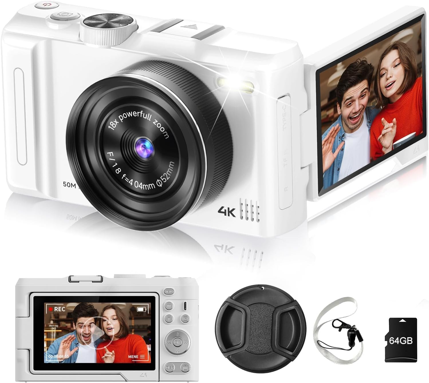4K Digital Camera for Photography, 3" 180° Flip Screen with 64GB Card | 50MP Vlogging Camera, 4K Video Recording, 18X Digital Zoom, Built-In Flash, Compact Travel Size, Great For Teens & Beginner