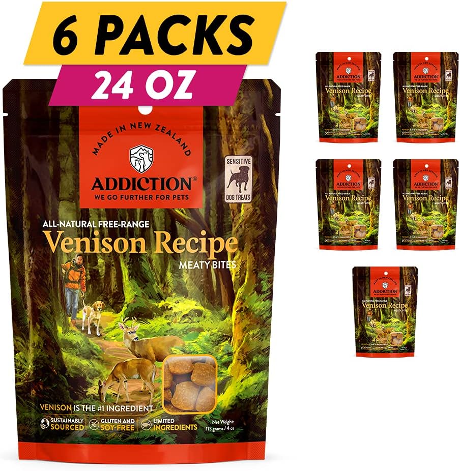 Addiction Venison Recipe Meaty Bites, All Natural Free Range Grain Free High Meat Dog Treats, 4 Oz.