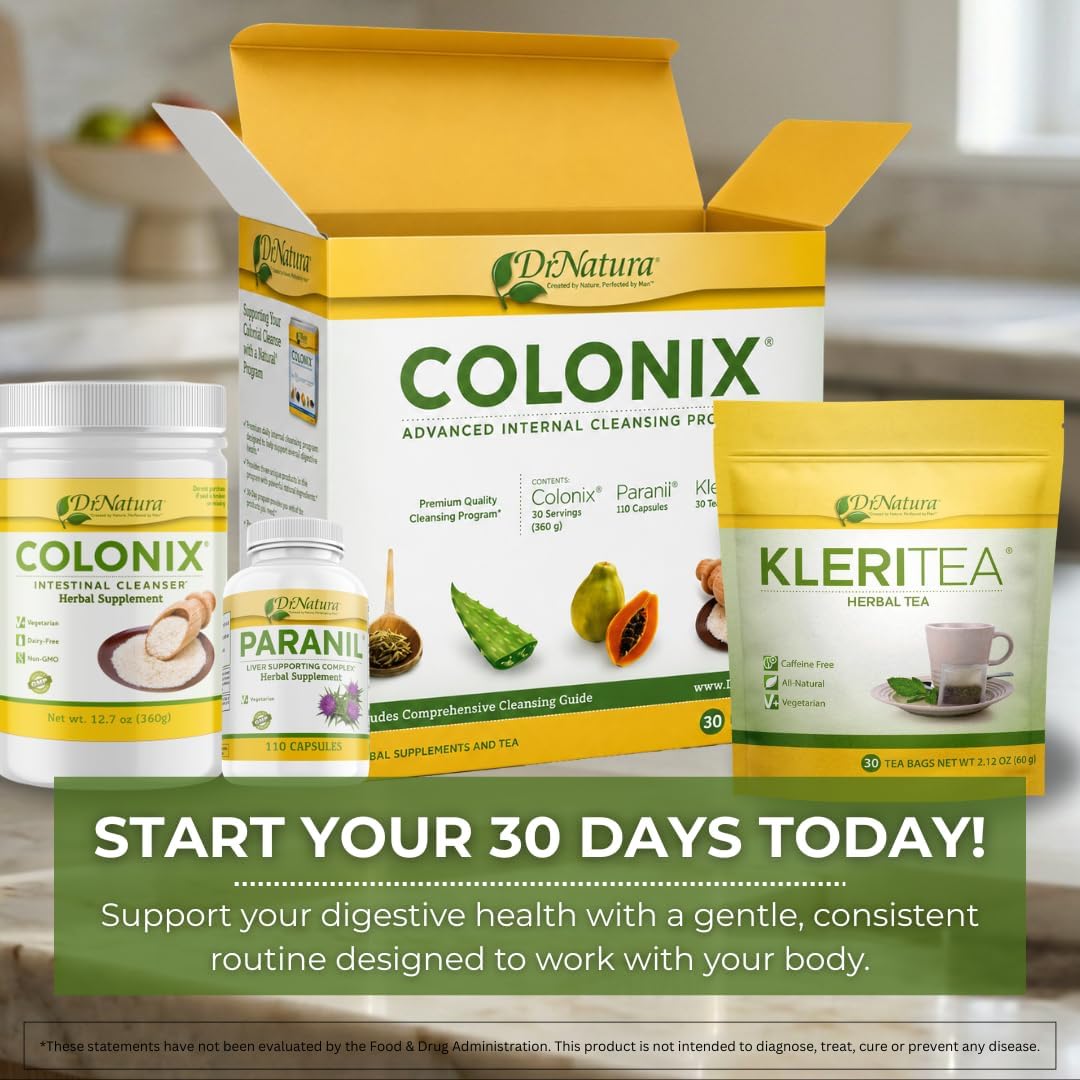 DrNatura Colonix 3-Part Colon Cleanse Kit – Whole Psyllium Husk Fiber Powder, Herbal Capsules & Herbal Tea, 30 Day Digestive & Gut Support Program, 16 oz (Pack of 1)