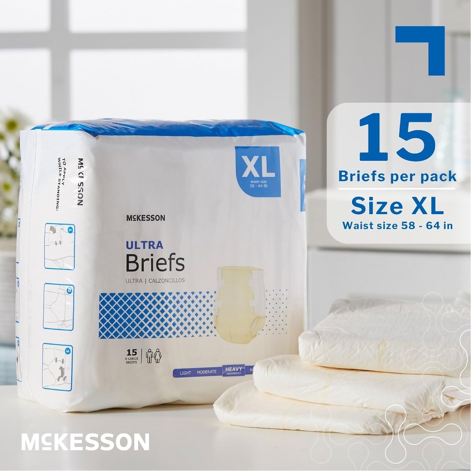McKesson Ultra Briefs, Heavy Absorbency, Medium, Unisex, 44 in, 96 ct | Disposable, Elastic Leg Gathers and Contoured Fit for Men and Women, Incontinence