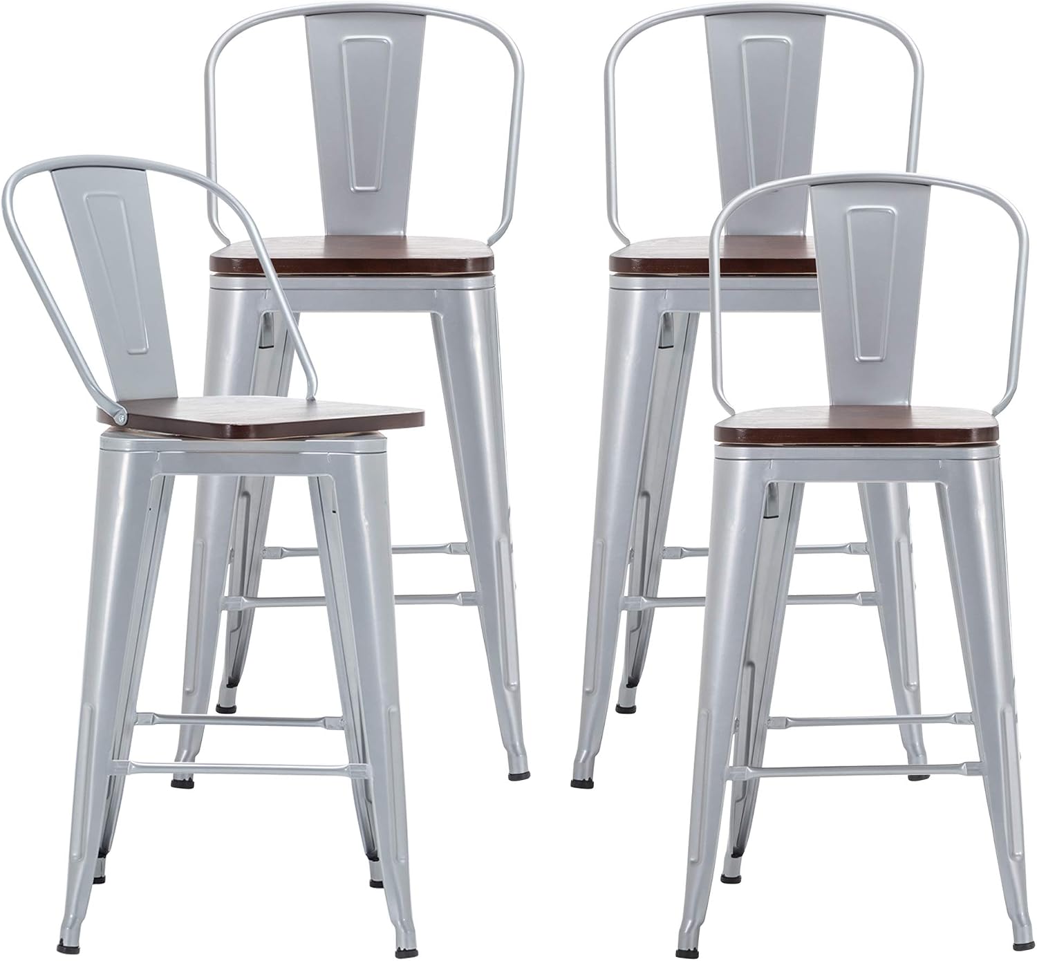 Alunaune 24" Swivel Metal Bar Stools Set of 4 High Back Counter Height Barstools Industrial Dining Bar Chairs with Large Wooden Seat-Matte Black