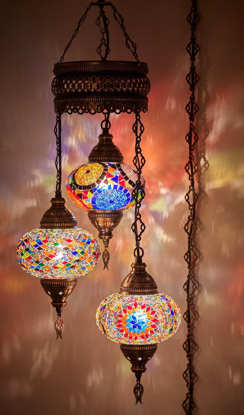 DEMMEX 3 Large Globe Plug-in Turkish Moroccan Mosaic Chandelier, Hanging Lamp, Ceiling Light Fixture with 15ft Cord & Chain for Living Room