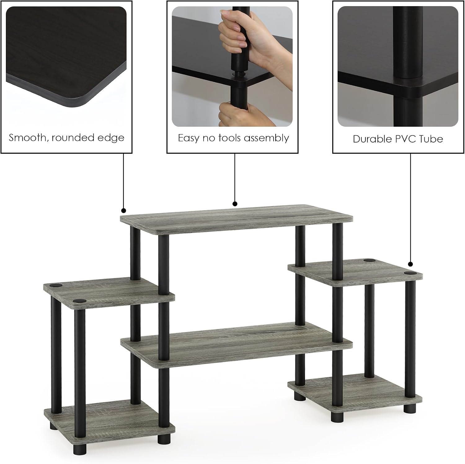 Furinno Turn-N-Tube No Tools Entertainment Center, Round Square Corner, French Oak Grey/Black | Raised Top, Open Shelves TV Console with for TV up to 32 Inch, for Living Room, Bedroom