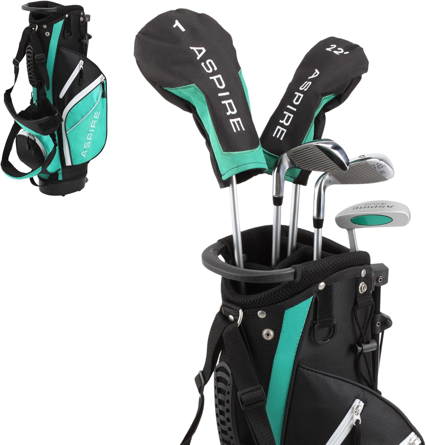 Aspire Junior Plus - Kids Complete Golf Club Set | Aircraft-Grade Aluminum, 15% Larger Clubhead, 7 Iron & Pitching Wedge, Progressive Flex Shafts, Rain Hood, 2 Headcovers