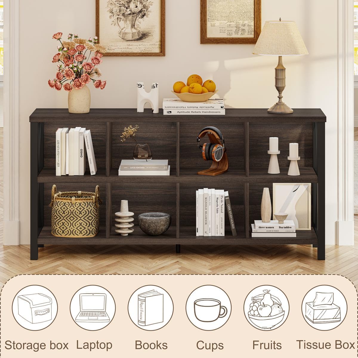 FATORRI 8 Cube Storage Organizer Bookshelf, 62 Inch Wood Horizontal Bookcase, Farmhouse Cube Long Book Shelf