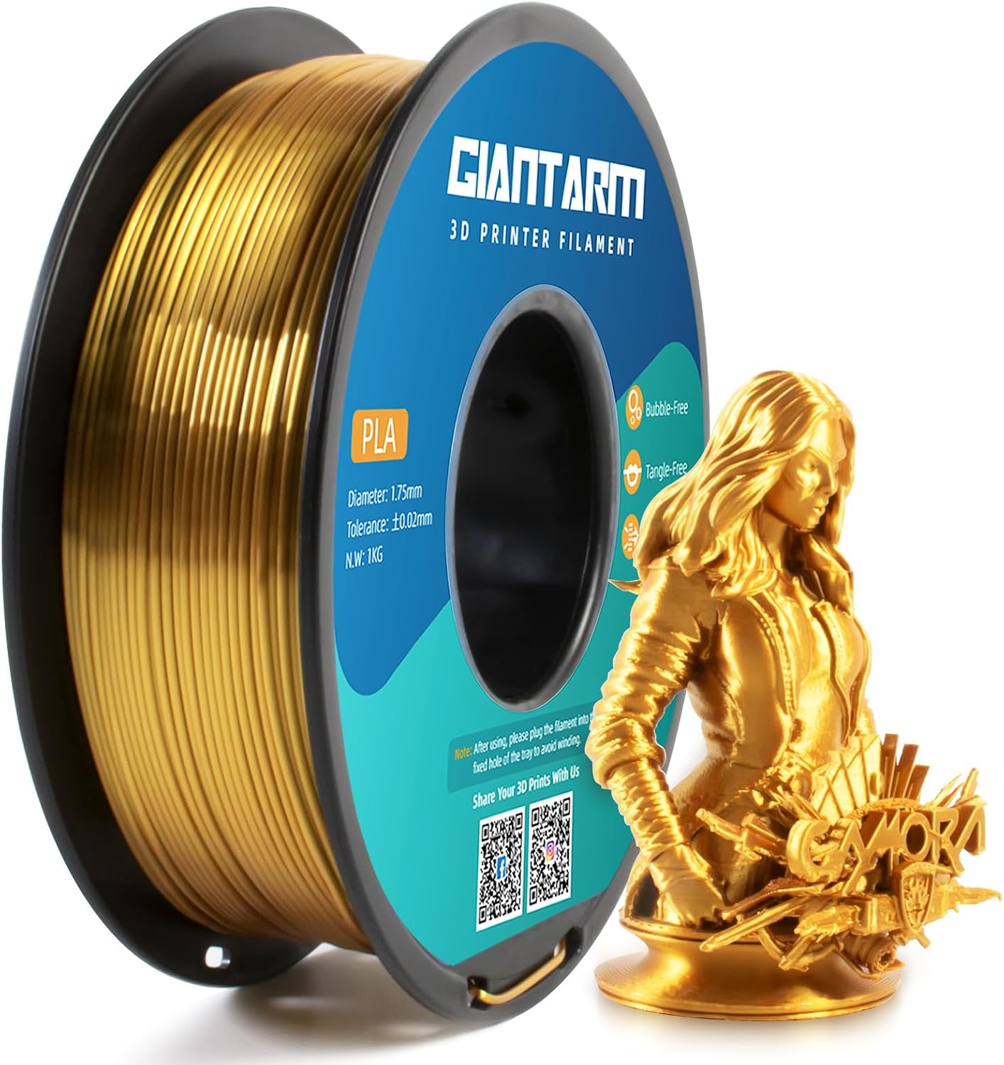 GIANTARM 3D Printer Filament, Silk Gold Pla Filament, 1Kg(2.2lbs) Spool, 1.75mm Dimension Accuracy +/- 0.03mm, 3D Printing Filament