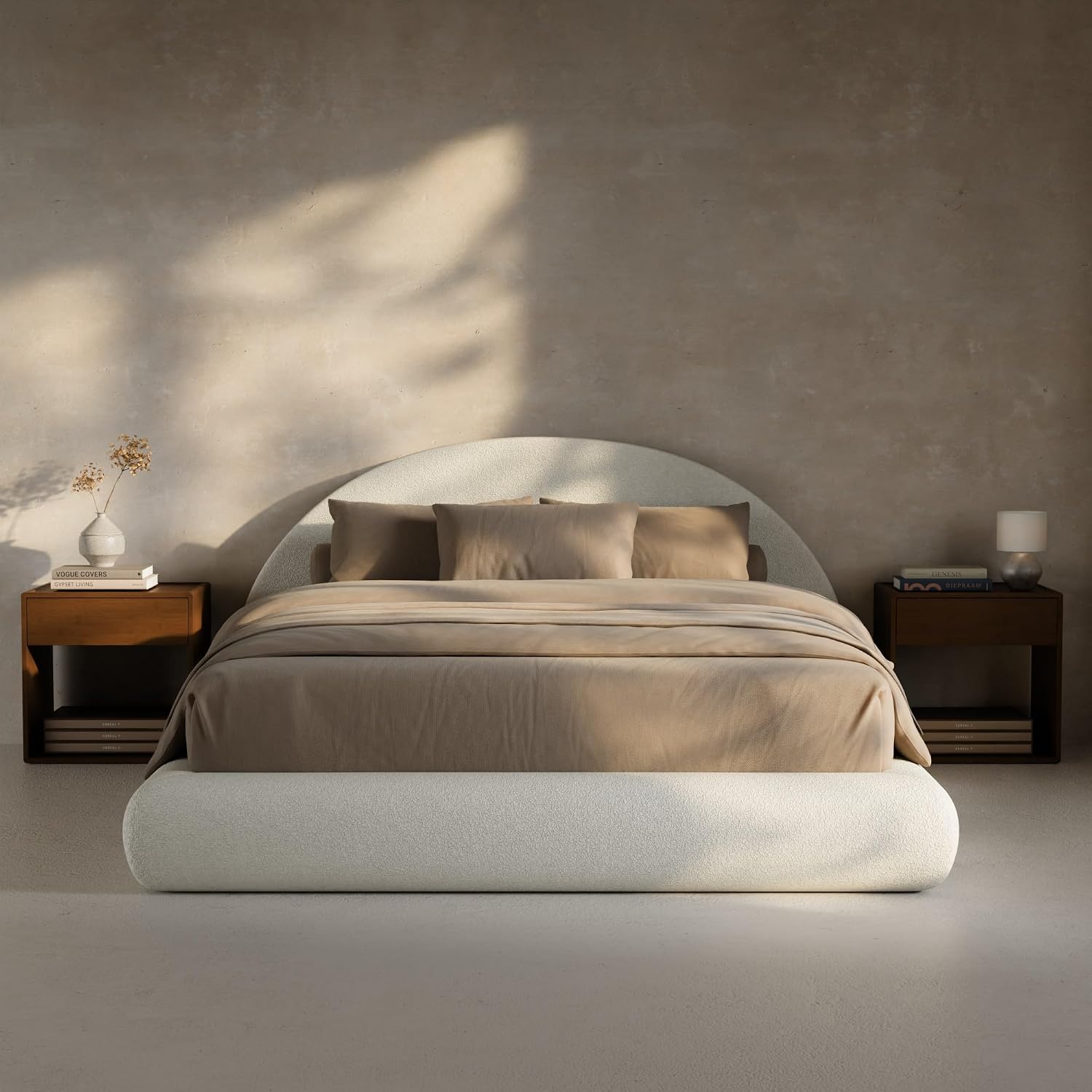 RECCI AirFrame Half-Moon Upholstered Queen Platform Bed Frame | Velvet Curved Arched Base, 6-Inch Thickness Headboard, 5 Inch Fully Round Cushioned Foam, No Box Spring Needed, Easy Assembly