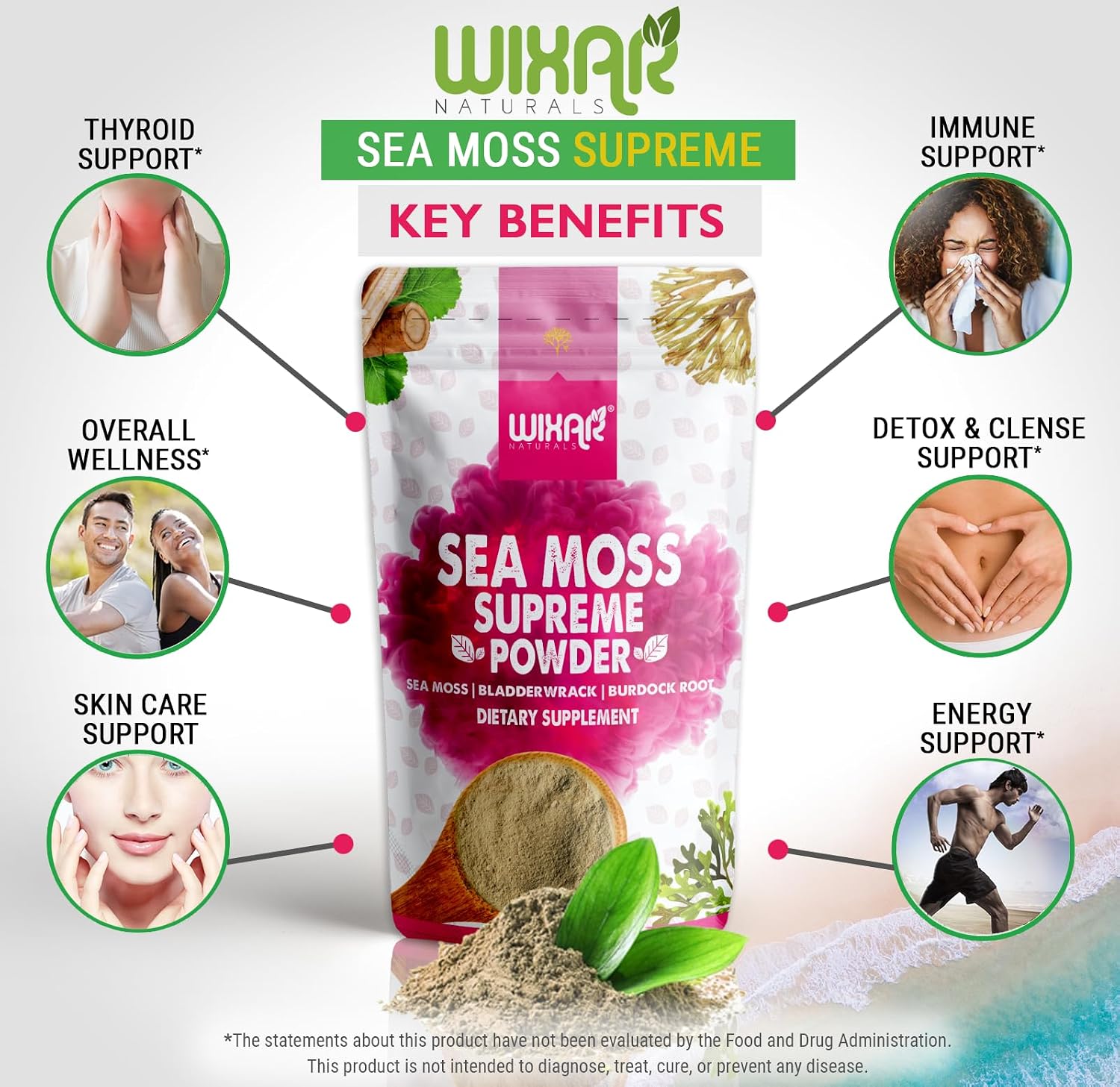 Wixar Wildcrafted Sea Moss Powder – (8 Ounces) – Natural Irish Sea Moss and Bladderwrack with Burdock Powder - Thyroid Support, Healthy Skin