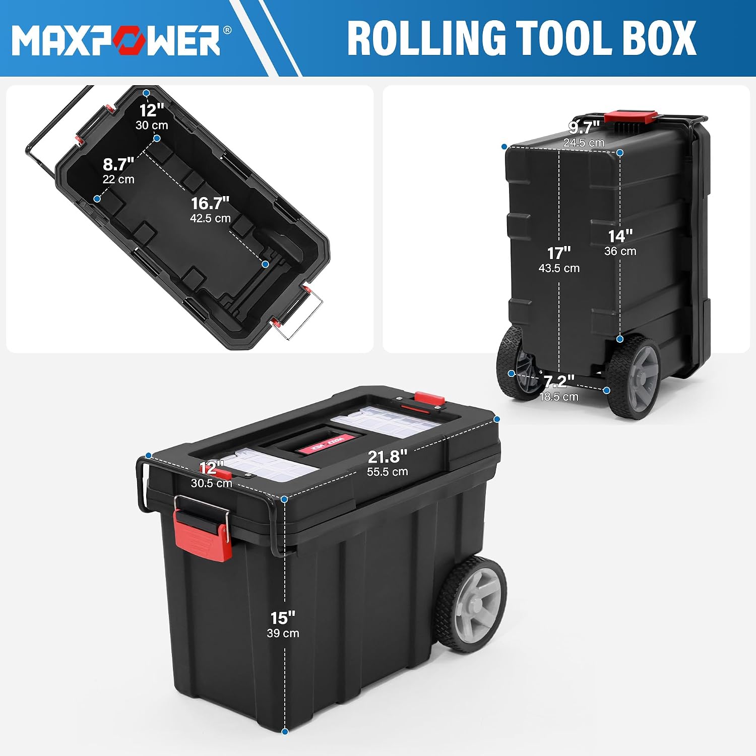 MAXPOWER Small Tool Box, 14-inch Plastic Tool Boxes with Handle | Removable Tray with Dual Lock Secured, Red Toolbox for Home