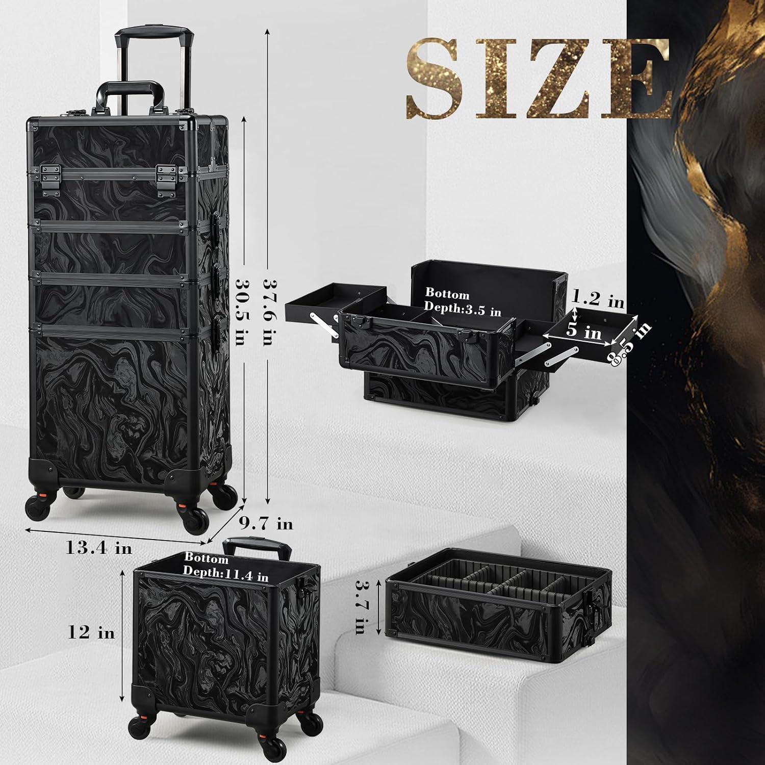 Stagiant Rolling Makeup Case Cosmetology Case on Wheels 4 in 1 Large Cosmetic Organizer Train Case Makeup Travel Case with Key Swivel Wheels Nail